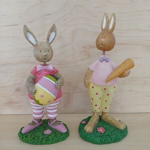 Set of 2 Easter Bunny Bobble Head Rabbits Resin 8" Figurines